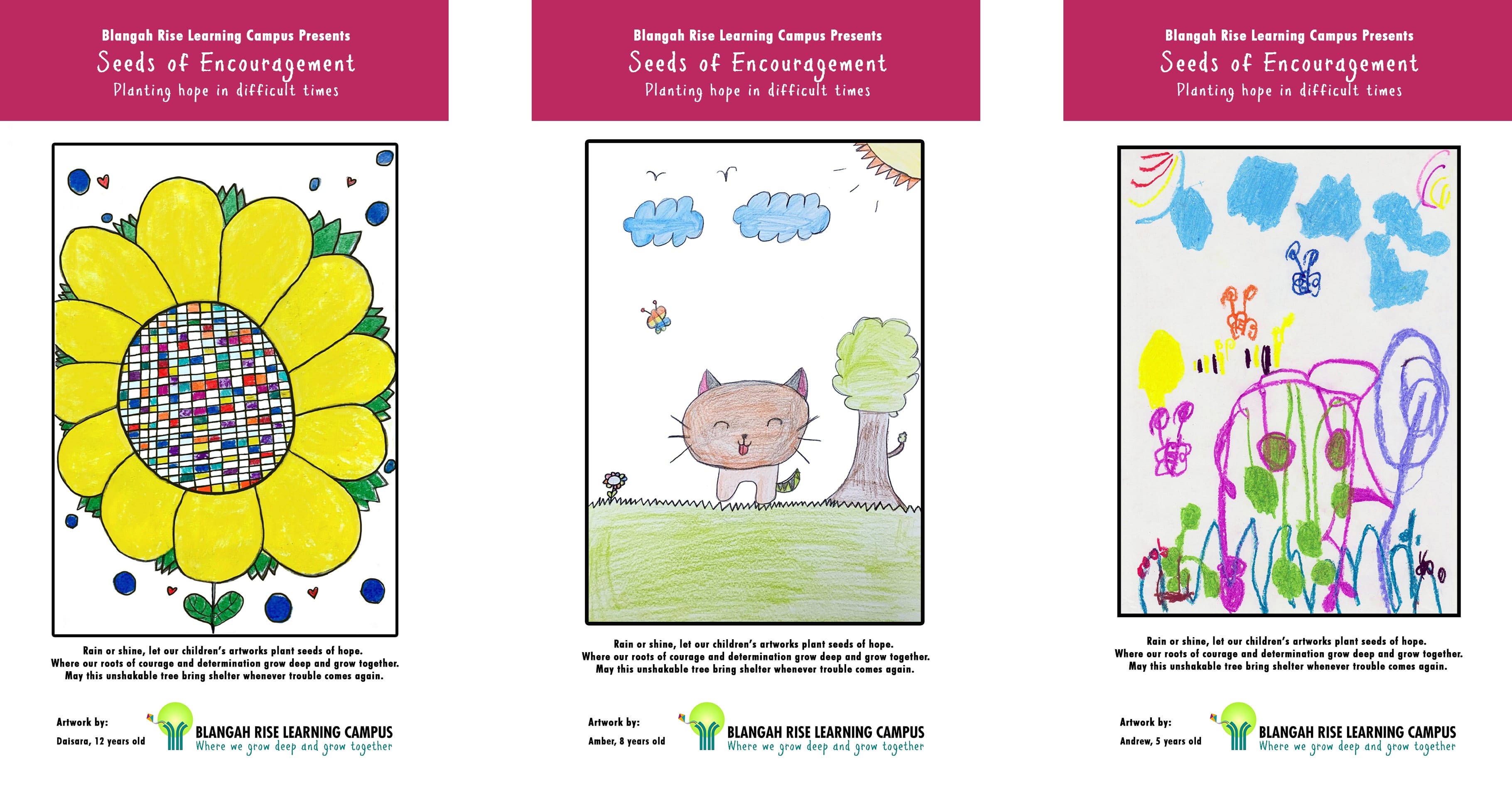 Three children's drawings for Seeds of Encouragement: a sunflower, a cat by a tree, and a colorful garden scene.
